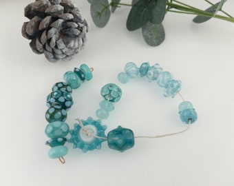 Soft Aqua Blue Handmade Glass Bead Set/ 22 Lampwork Beads