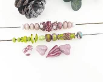 Pink, Green and White Beads /Lampwork Bead Set / Set for Beaders / Jewelry Makers