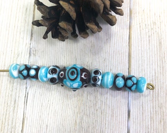 Brown, White and Teal Glass Bead SET- 10 Small and A Focal Bead
