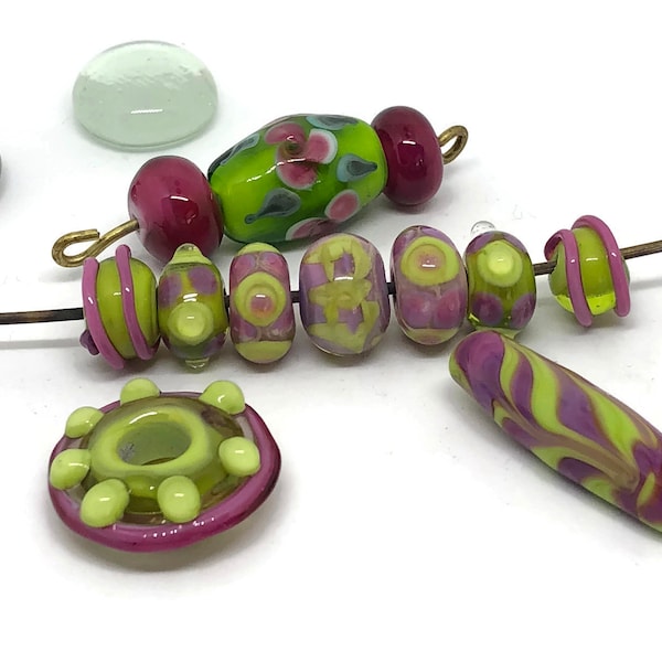 Pink and Light Green Bead Set- Torch Made Glass Beads.