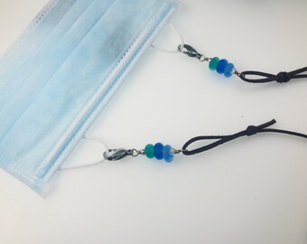 Blue Etched Glass Bead Mask Keeper, keep your mask close, blue etched beads. Mask Necklace