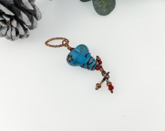 Turquoise Heart with Red Fine Lines/ Lampwork Glass Heart Pendant