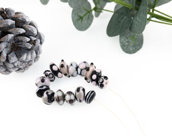 Set of 15 Grey Black and Pink beads / Torchmade Beads / Lampwork Beads Set