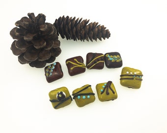 Mustard Yellow and Brown Glass Bead Set - Square Lampwork Beads