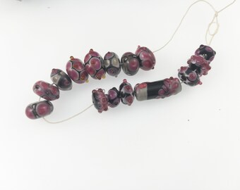 Fuchsia Pink, Grey and Black Glass Beads/  13 Lampwork Beads / for Jewelry Designer