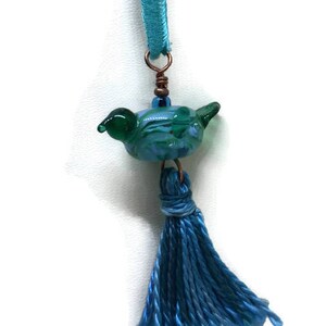Lampwork Glass Bird Pendant with  Blue Tassel