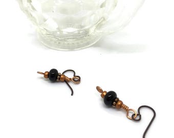 Tiny black and copper earrings-Lampwork Bead Earrings.