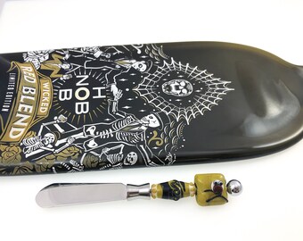 Skeleton HOB-NOB, Fuzed Wine Bottle Dish w/ Owl Serving Knife.