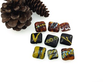 Brown and Golden- 9 Square Pressed Glass Pillow Shaped Beads