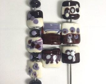 Dark Brown, Purple and Cream Glass Bead Set - 8 Pressed Square Beads with 4 Spacer Beads