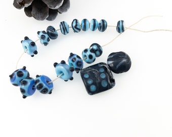Blue and Gray Blue Bead Set with a Pressed Square and Lentil Shapes
