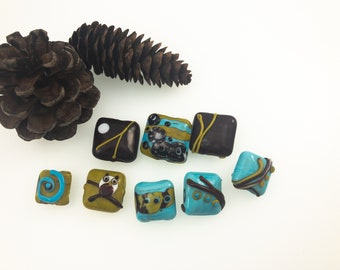 Turquoise - Brown Square Glass Beads- 8 Pressed Squares - Owl Bead