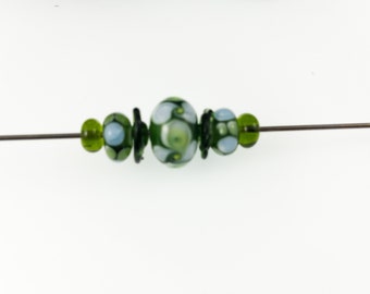 Olive Green Lampwork Bead Set /  Spring Green for Designers/Three Designed Beads and Four Spacers