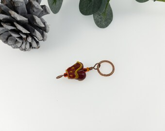 Red Lampwork Heart With Golden Yellow  Design/ Copper Wire and Hoop