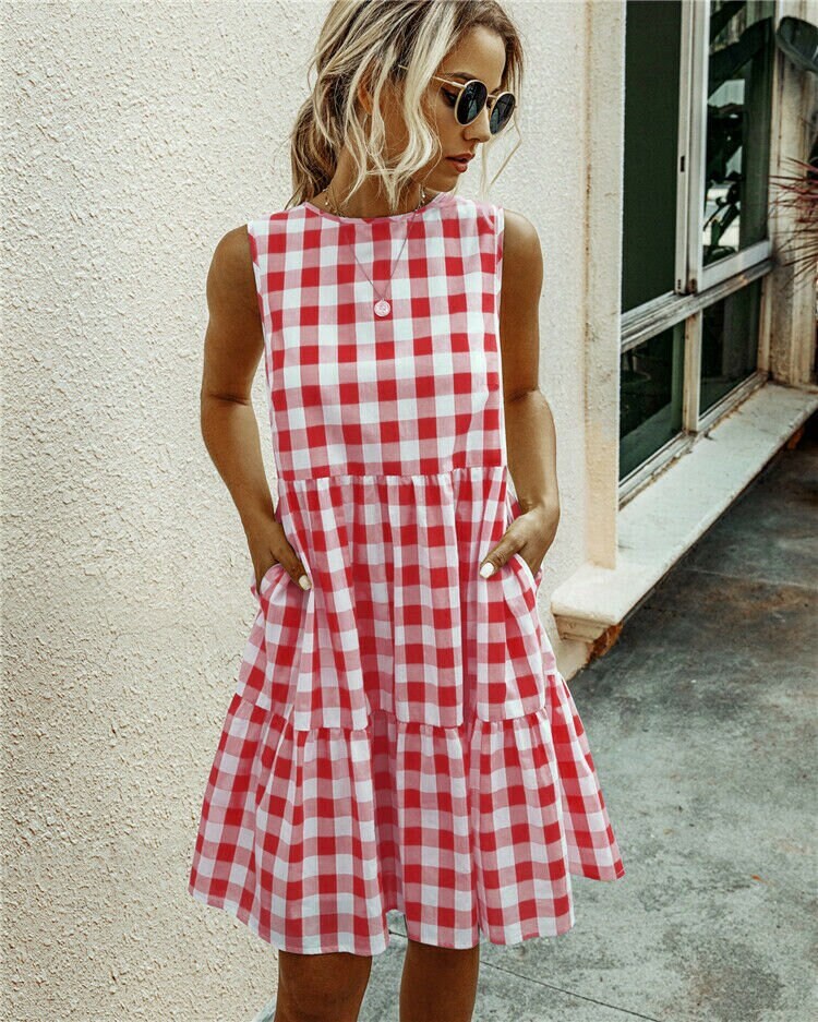 Women's Red & White Gingham Plaid Summer Dress Cool Light Etsy