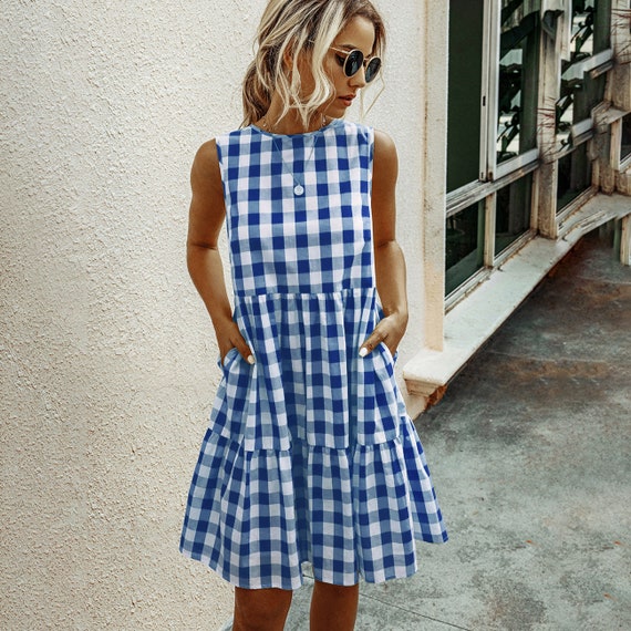 Navy blue and White Plaid Dress