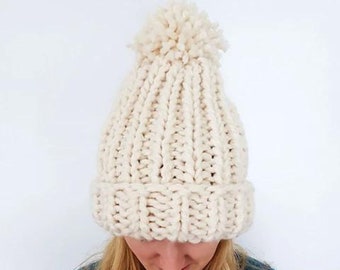 KNITTING PATTERN: Chunky Knit Hat Pattern, Winter Hat, Snowboarding Hat, Knit Pom Pom, PDF Knitting Pattern, Beginner Knit Hat Pattern