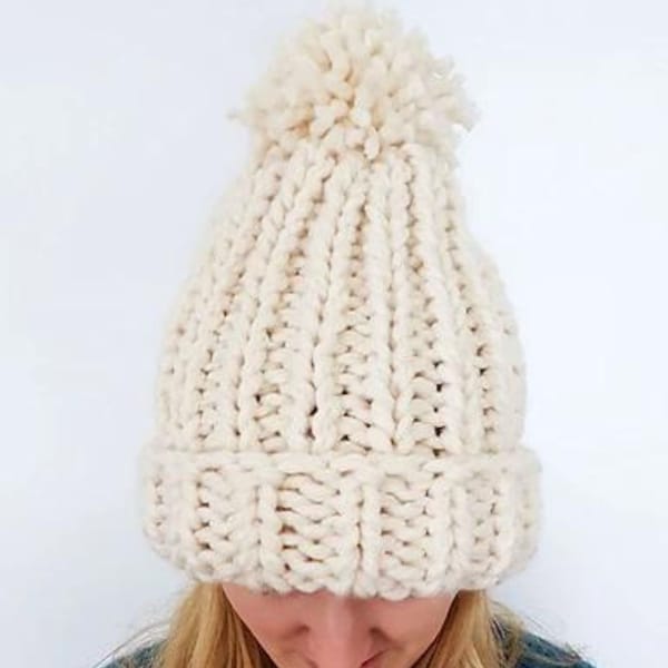 KNITTING PATTERN: Chunky Knit Hat Pattern, Winter Hat, Snowboarding Hat, Knit Pom Pom, PDF Knitting Pattern, Beginner Knit Hat Pattern
