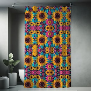 Colorful Sunflower Shower Curtain, Bright Bathroom Décor, Boho Floral Bathroom Decor, Bright Wildflowers, Hippie Aesthetic Bathroom Decor