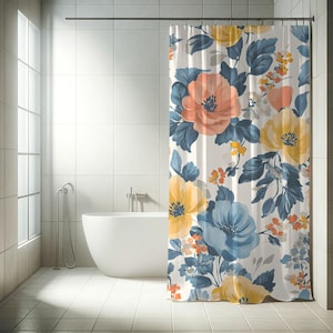 Mid-Century Modern Floral Shower Curtain, Boho Botanical Bathroom Decor, Vintage Floral Print, Colorful Bath Curtain, Retro Home Style