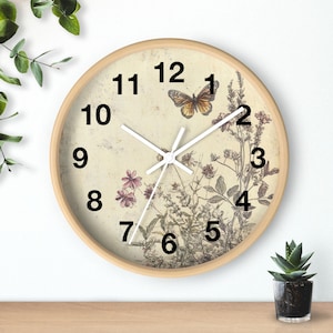 Reloj de pared con mariposas, decoración floral vintage, arte de pared rústico cottagecore, regalo para amantes de la naturaleza, reloj bohemio shabby chic para dormitorio, decoración de pared