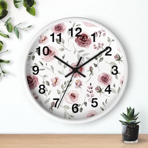 Elegante reloj de pared floral, decoración del hogar de inspiración vintage, reloj de cocina shabby chic, arte de pared botánico, reloj cottagecore, dormitorio coqueto