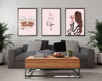 Pink Coffee Fashion Girl Prints, Modern Wall Art Set (Digital Download)