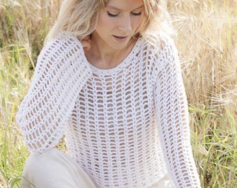 Cubrebaños de conchas hechos a mano / Jersey ligero de ganchillo / Top de punto veraniego vaporoso / Suéter de estilo playero en algodón