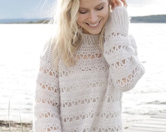 Jersey de encaje de conchas hecho a mano – Jersey ligero de ganchillo / Top de punto veraniego vaporoso / Jersey estilo playa en alpaca / lana / mohair / seda