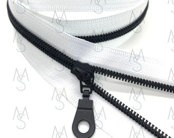 Black Nylon Coil Zipper with White Tape & Black Metal Pulls - Zipper by the Yard - Nylon Coil Zipper - Metallic Zipper