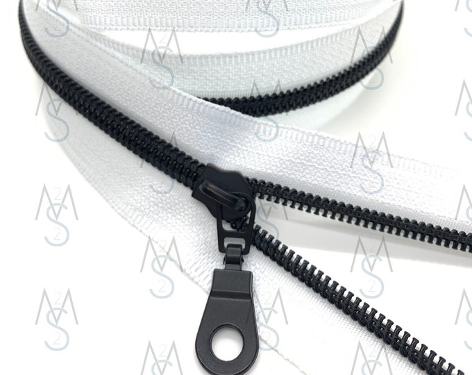 Black Nylon Coil Zipper with White Tape & Black Metal Pulls - Zipper by the Yard - Nylon Coil Zipper - Metallic Zipper