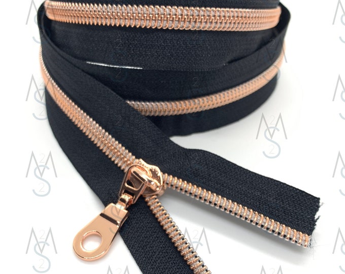 Rose Gold Nylon Coil Zipper with BlackTape & Rose Gold Pulls - Zipper by the Yard - Nylon Coil Zipper - Metallic Zipper