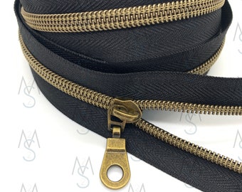 Antique Brass Nylon Coil Zipper with BlackTape & Antique Brass Pulls - Zipper by the Yard - Nylon Coil Zipper - Metallic Zipper