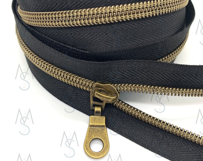 Antique Brass Nylon Coil Zipper with BlackTape & Antique Brass Pulls - Zipper by the Yard - Nylon Coil Zipper - Metallic Zipper
