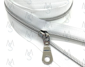 Silver Nylon Coil Zipper with WhiteTape & Nickel Pulls - Zipper by the Yard - Nylon Coil Zipper - Metallic Zipper