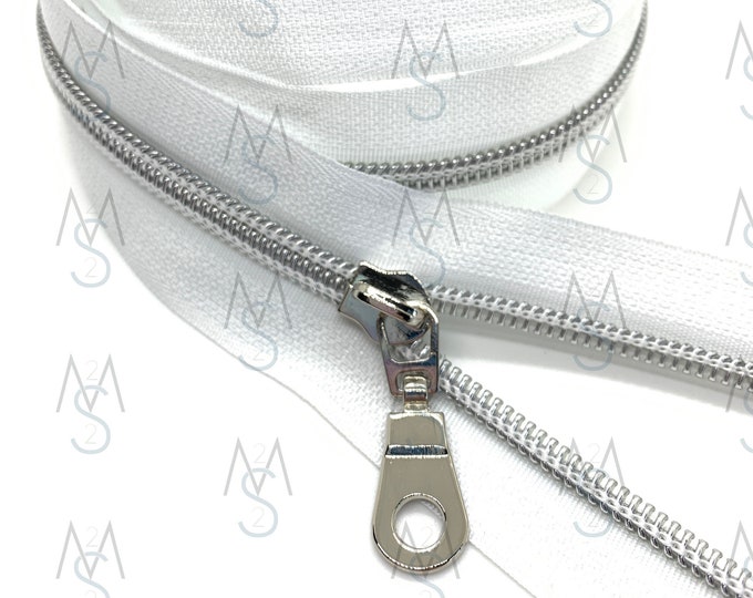Silver Nylon Coil Zipper with WhiteTape & Nickel Pulls - Zipper by the Yard - Nylon Coil Zipper - Metallic Zipper