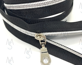 Silver Nylon Coil Zipper with Black Tape & Nickel Pulls - Zipper by the Yard - Nylon Coil Zipper - Metallic Zipper