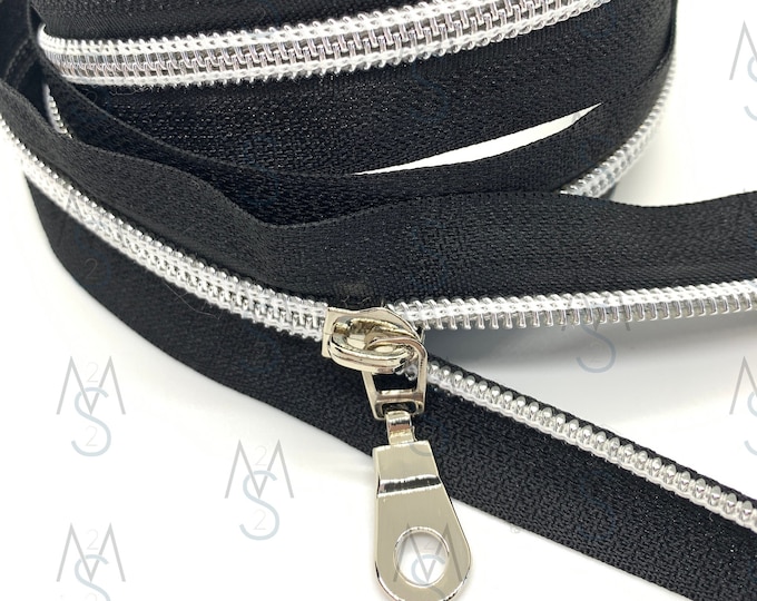 Silver Nylon Coil Zipper with Black Tape & Nickel Pulls - Zipper by the Yard - Nylon Coil Zipper - Metallic Zipper