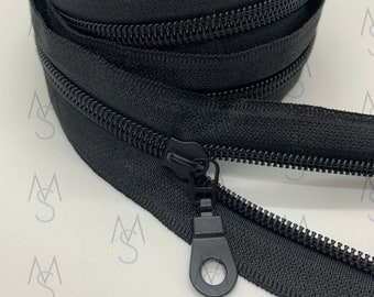 Black Nylon Coil Zipper with Black Tape & Black Metal Pulls - Zipper by the Yard - Nylon Coil Zipper - Metallic Zipper