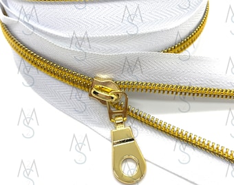 Gold Nylon Coil Zipper with White Tape & Gold Pulls - Zipper by the Yard - Nylon Coil Zipper - Metallic Zipper