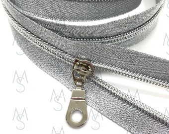 Silver Nylon Coil Zipper with Metallic Tape & Nickel Pulls - Zipper by the Yard - Nylon Coil Zipper - Metallic Zipper