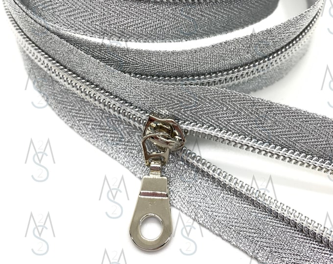 Silver Nylon Coil Zipper with Metallic Tape & Nickel Pulls - Zipper by the Yard - Nylon Coil Zipper - Metallic Zipper