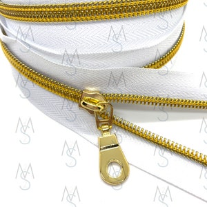 Gold Nylon Coil Zipper with White Tape & Gold Pulls - Zipper by the Yard - Nylon Coil Zipper - Metallic Zipper