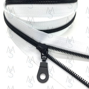 Black Nylon Coil Zipper with White Tape & Black Metal Pulls - Zipper by the Yard - Nylon Coil Zipper - Metallic Zipper