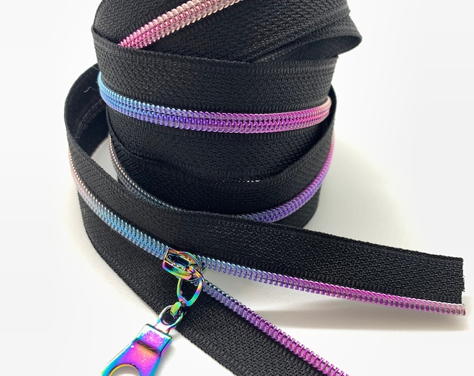 Rainbow Nylon Coil Zipper (#3 Size) with Black Tape & Rainbow Pulls - Zipper by the Yard - Nylon Coil Zipper - Metallic Zipper