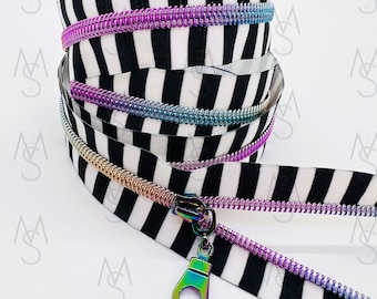 Rainbow Nylon Coil Zipper with Black and White Stripe Tape & Rainbow Pulls - Zipper by the Yard - Nylon Coil Zipper - 2 Minutes 2 Stitch