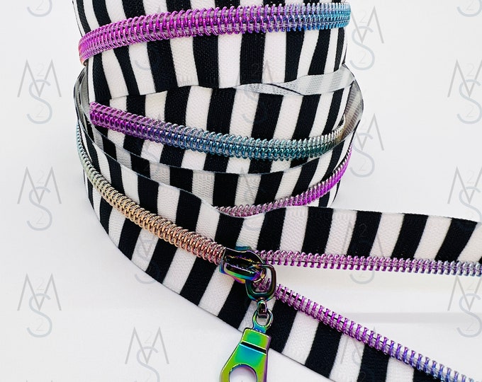 Rainbow Nylon Coil Zipper with Black and White Stripe Tape & Rainbow Pulls - Zipper by the Yard - Nylon Coil Zipper - 2 Minutes 2 Stitch
