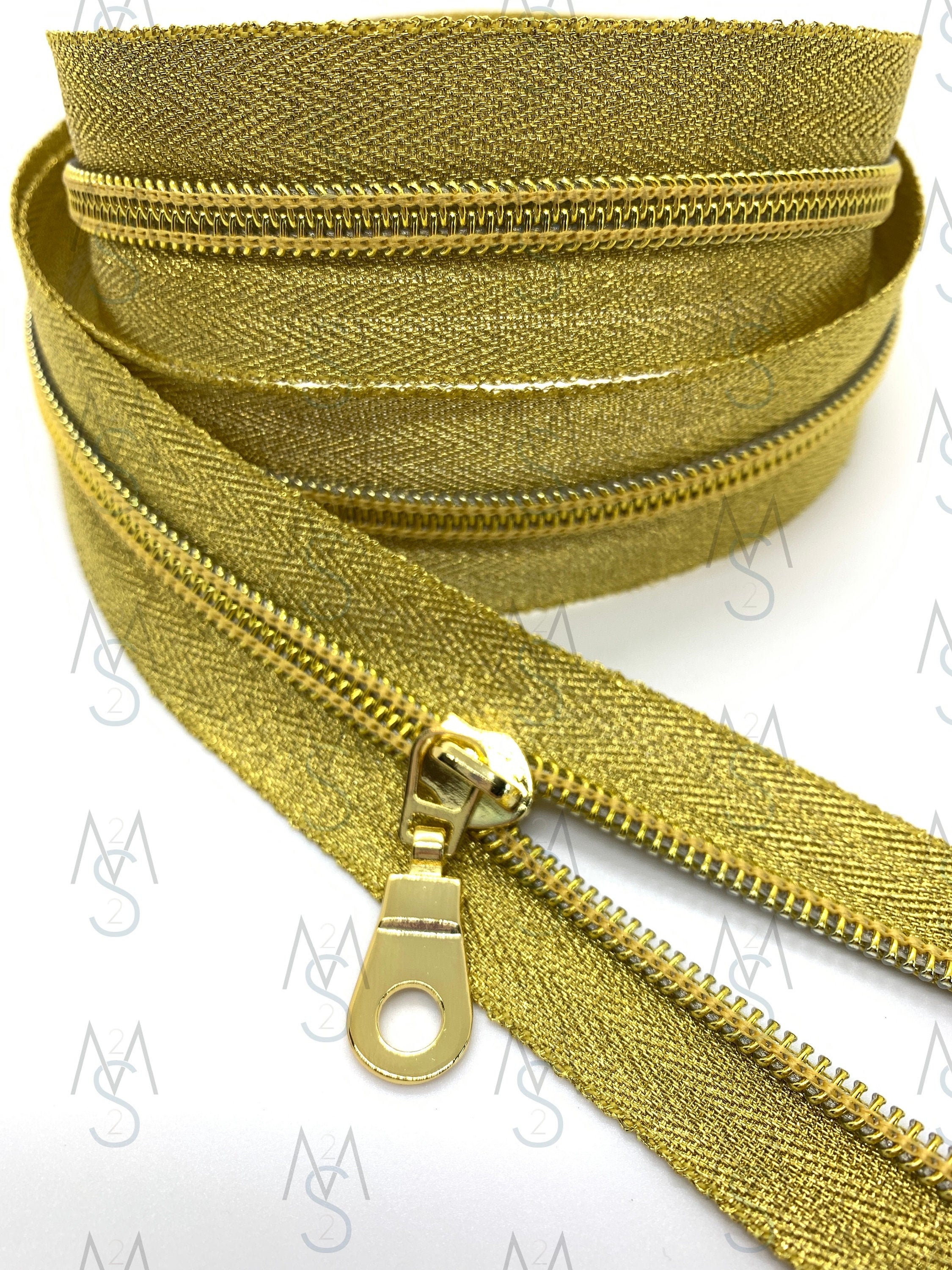Gold Nylon Coil Zipper with Metallic Tape & Gold Pulls Zipper by the Yard Nylon Coil Zipper