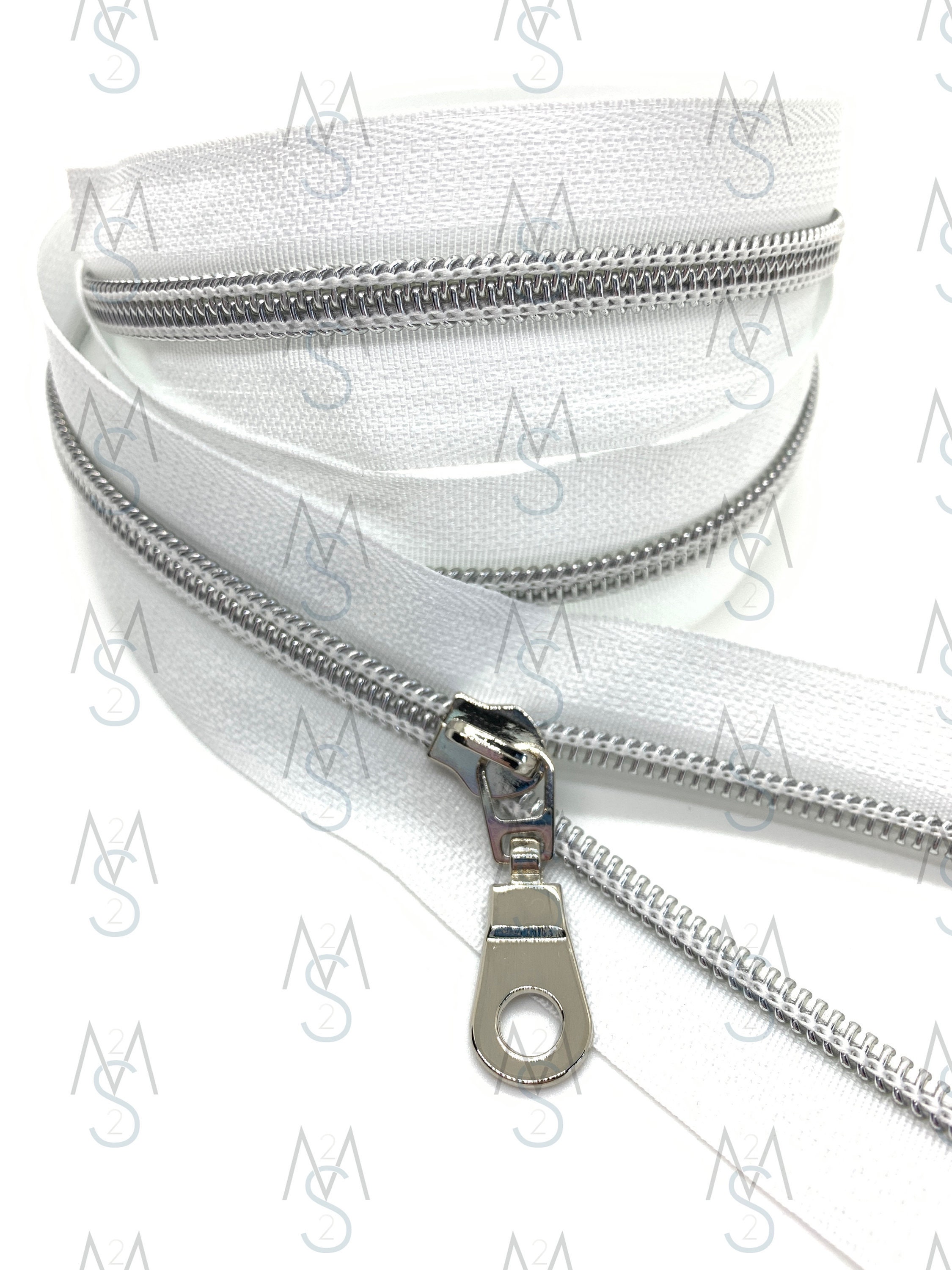 Silver Nylon Coil Zipper with WhiteTape & Nickel Pulls - Zipper by the Yard  - Nylon Coil Zipper - Metallic Zipper