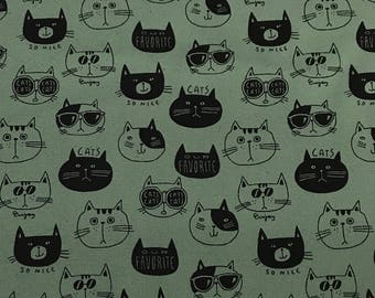 Kokka - Cat Faces on Dusty Green - Cotton Canvas